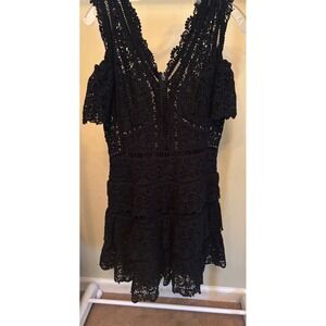 Rebecca Taylor Black Floral Lace Cold Shoulder Tiered Cocktail Dress VNeck Lined